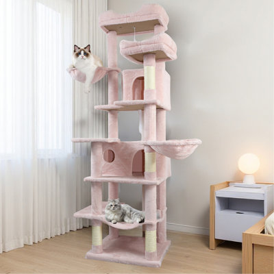 Arbre à chat de 68 po de hauteur à plusieurs niveaux avec hamacs, panier suspendu, grotte pour chat, coussin amovible, poteaux à griffer - tour de chat en peluche pour chats d'intérieur, parfait pour plusieurs chats - rose