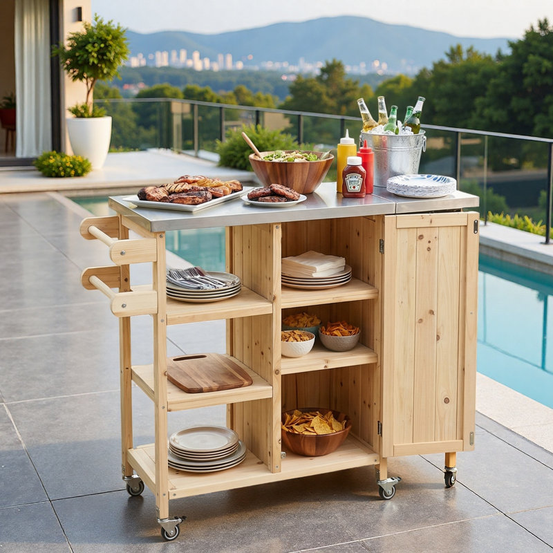 Îlot de cuisine extérieur pliable avec roulettes verrouillables, armoire de rangement et porte-serviettes, Naturel