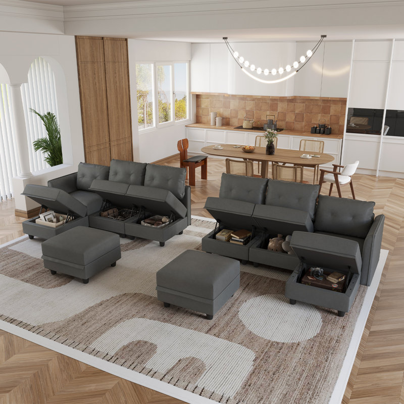 Tomario 10- Piece Upholstered U-Shaped Modular Sectional With Storage, Gray Polyester
