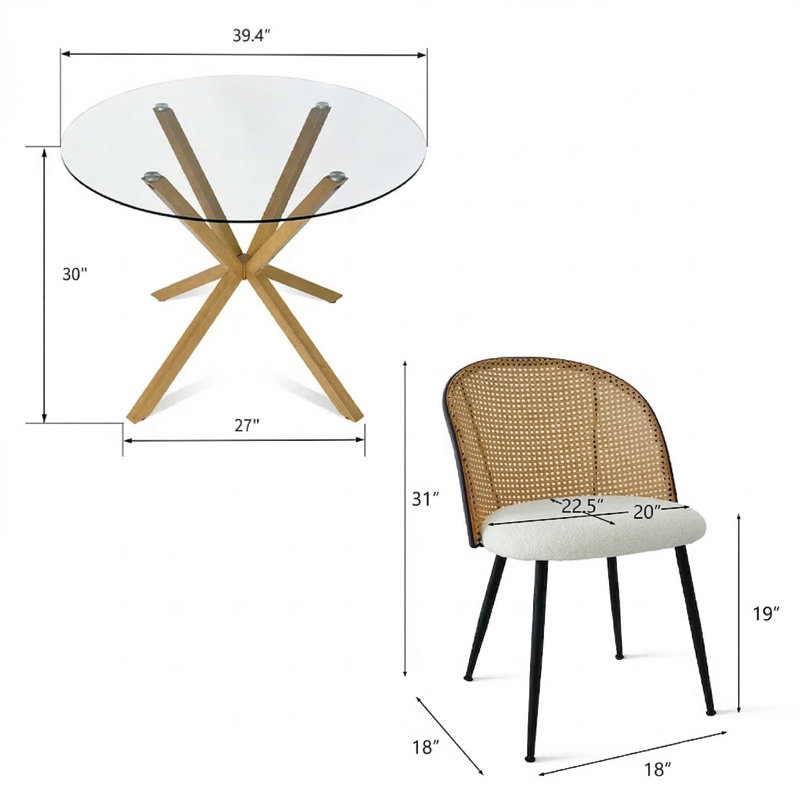 Buity 39.4" Round Boucle Upholstered 4-Person Dining Set, White/Natural