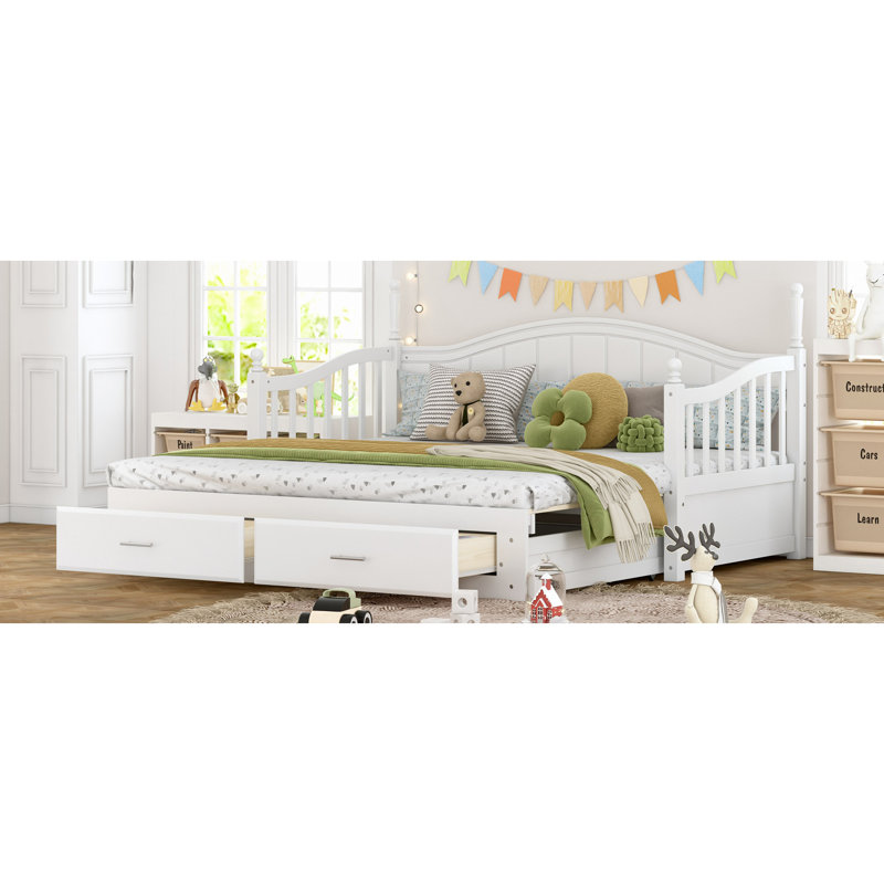 Wooden Daybed With Trundle, Extendable Daybed With Two Storage Drawers, White