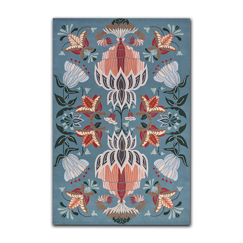 Tapis vert multicolore à motif botanique tissé vert, Rectangle 4 pi 11 po x 7 pi 6 po
