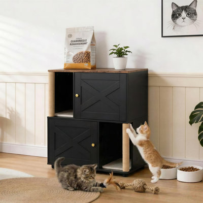 Double bac à litière pour chat, enceinte cachée avec poteaux en sisal et tapis, noir