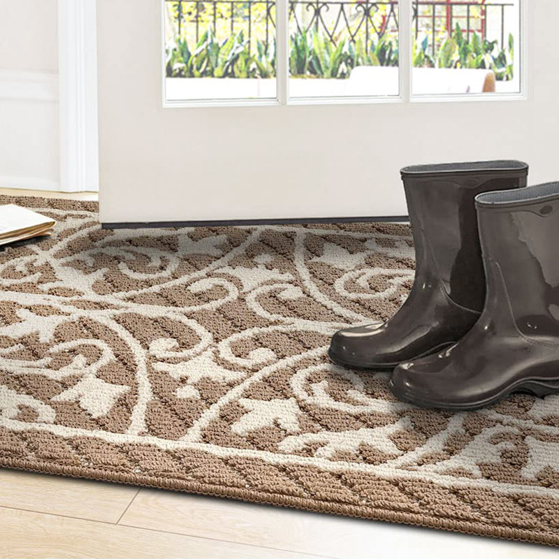 Non-Slip Floral Indoor / Outdoor Doormat, 15" W x 24" L, Khaki
