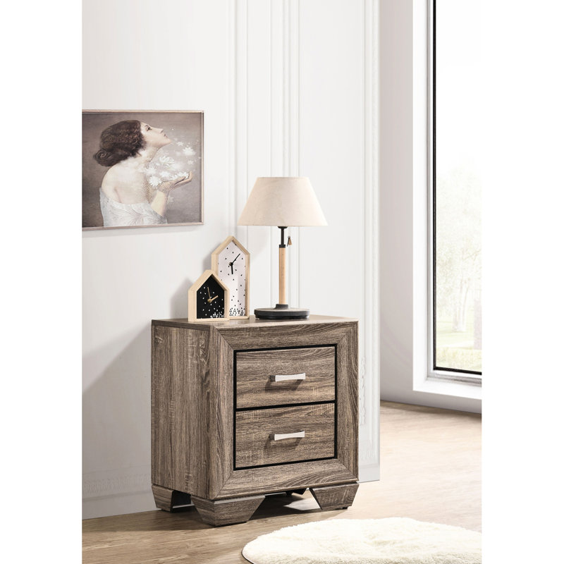 Table de chevet 2 tiroirs au fini taupe délavé, forme rectangulaire, cadre, double tiroir pour le rangement de la chambre à coucher, profondeur de 16,5 pouces et largeur de 23,5 pouces, espace généreux, hauteur de 27