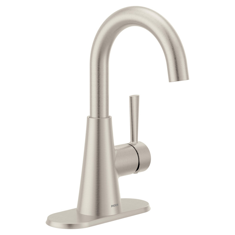 Robinet de lavabo de salle de bain un trou à une poignée Ronan avec plaque optionnelle et bonde à ressort, Argent