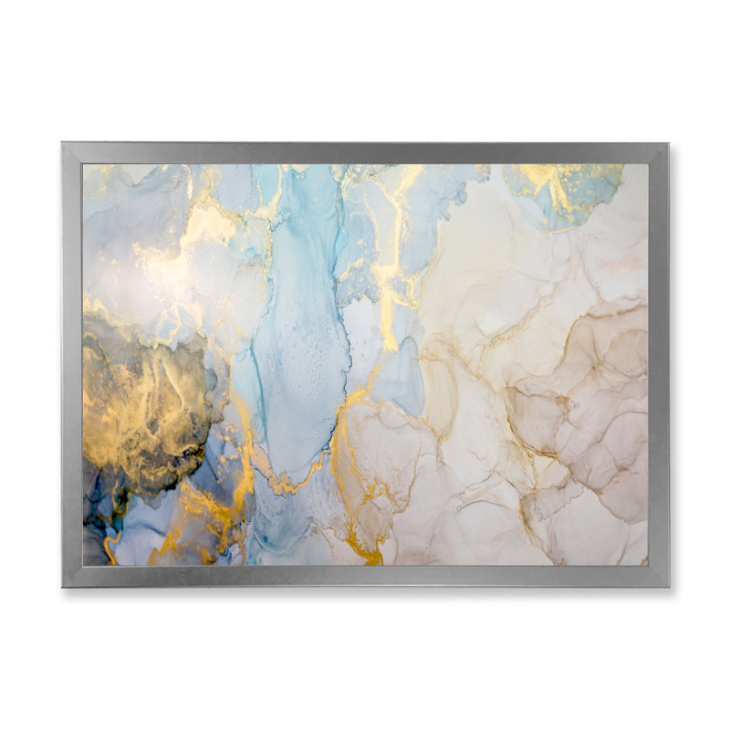 Encre liquide sur fond doré doré turquoise et gris II, H 24 po x l 36 po x P 1 po, Cadre photo argenté