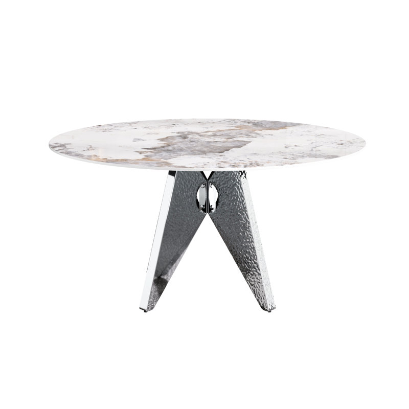 Table de salle à manger ronde de 57,76 po avec plateau en pierre frittée blanche et base stable en acier inoxydable argenté, pour 6 à 8 personnes, table moderne To Burns, corrosion de table