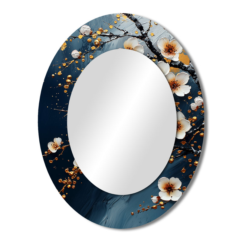 Décoration murale miroir bleu ovale en or bleu et cerisier en fleurs I, 43 po x 33 po