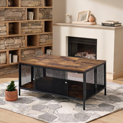 Table basse rectangulaire de 41 pouces avec fonction pliable, plateau en chêne antique brun et base en métal noir mat, pour le salon
