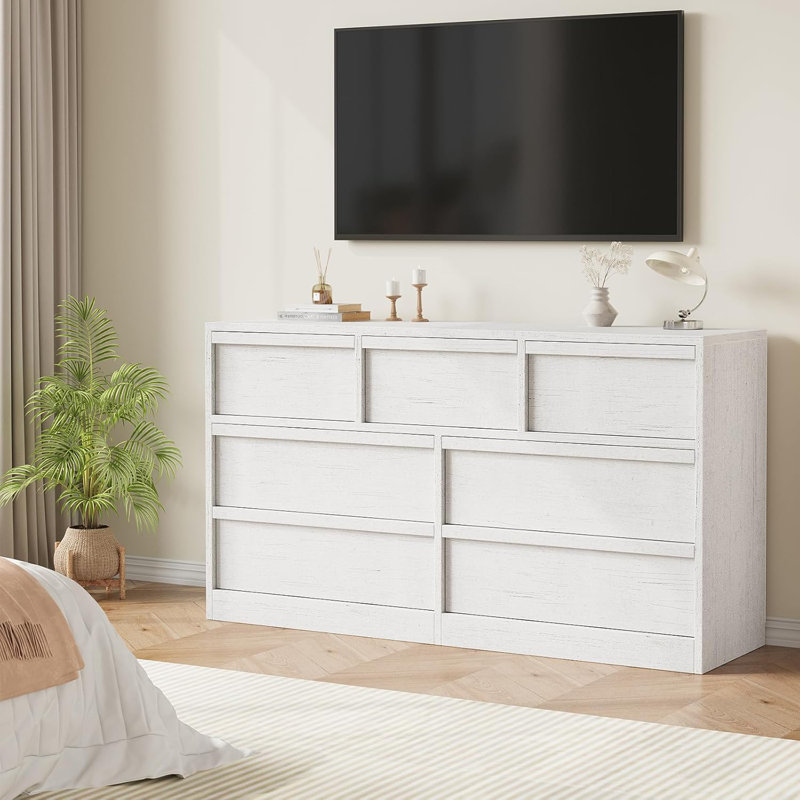 Commode 7 tiroirs pour chambre à coucher, de style moderne, en bois avec poignées en bois, meuble de rangement et support télé de 137 cm de large, fini naturel