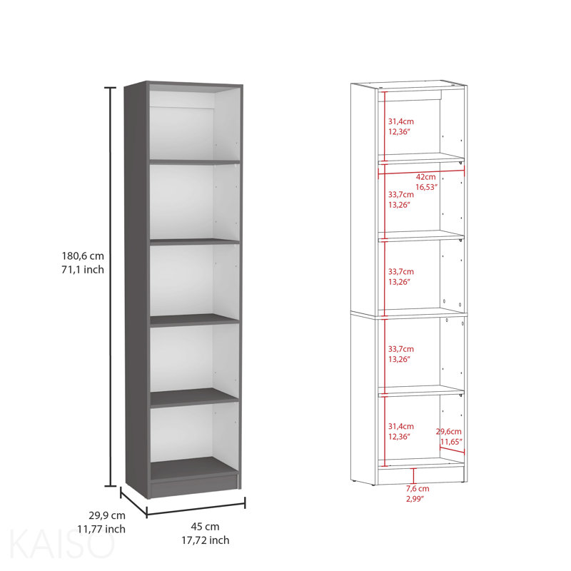 Xs Bookcase With 5-Tier Shelves And Slim Design -Matt Gray / White -Office, (5 Shelves) 71"H x 17.7"W x 11.8"D