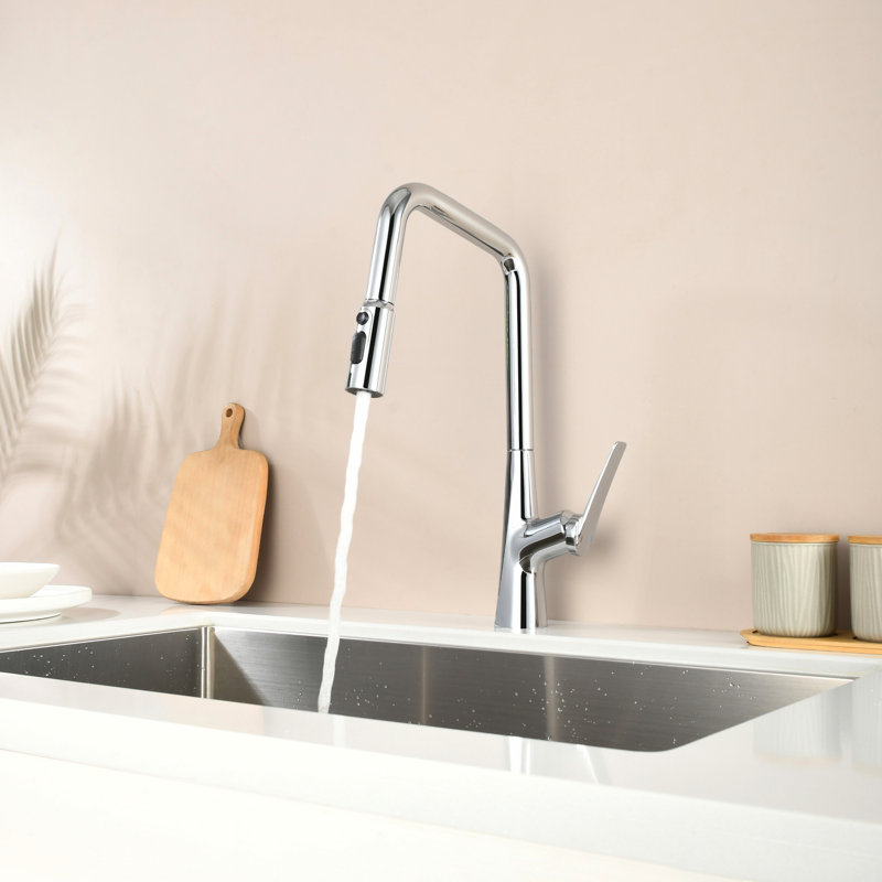 Robinet de cuisine avec fonction à 3 fonctions, interrupteur à une touche, pivotement élevé sur 360 °, tuyau rétractable et modes de débit d'eau pour un changement professionnel efficace à 360 °, pivotant, de cuisson