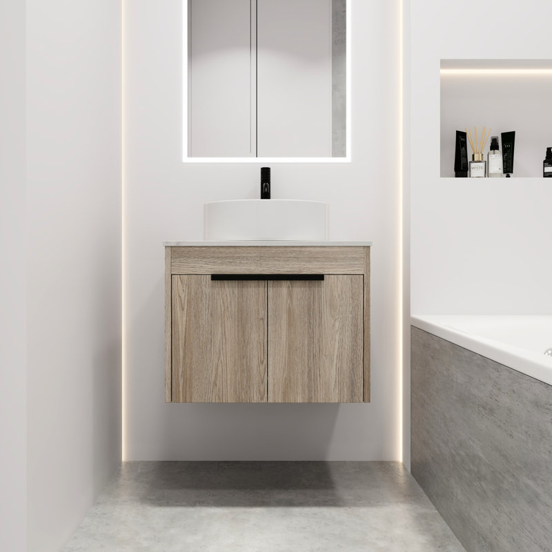 Meuble-lavabo mural 24 po. Chêne blanc avec lavabo en céramique. Porte à fermeture en douceur sans effort et vaste espace de meuble-lavabo