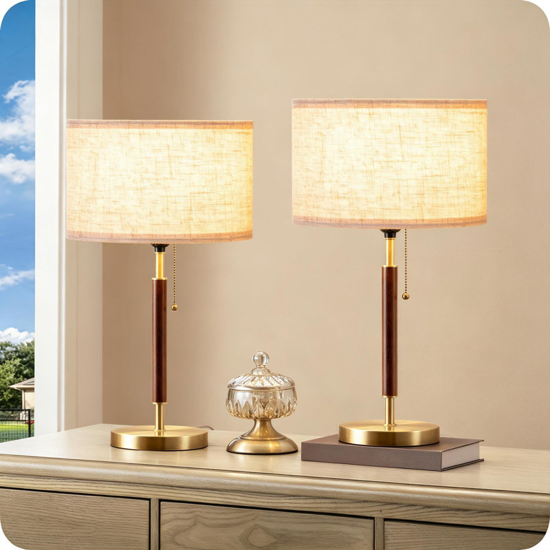 15.35" Mid-Century Modern Solid Wood Table Lamp with Linen Shade and Pull Chain