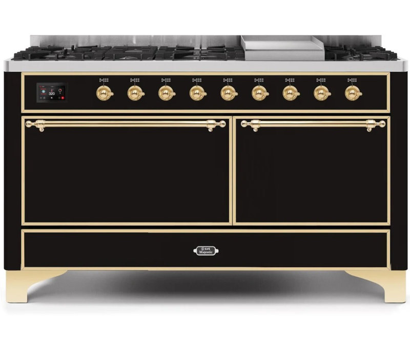 ILVE UM15FDQNS3BKCLP Majestic II 60 inch Dual Fuel Range with 9 Burners, Griddle (Liquid Propane, Solid Door, Glossy Black, Chrome)