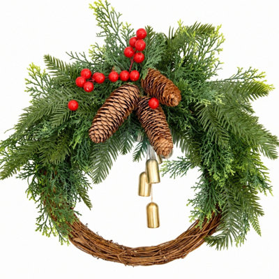 21.6 Inch Rustic Evergreen Christmas Wreath with Brass Bell Chimes, Pinecones and Red Berries, Farmhouse Holiday Door Decor