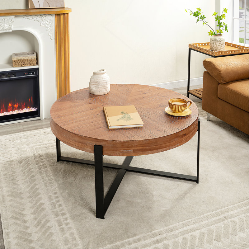 Table basse 33,8 po d'épaisseur rétro moderne avec plateau en bois de sapin et pieds croisés, Brun, Noir