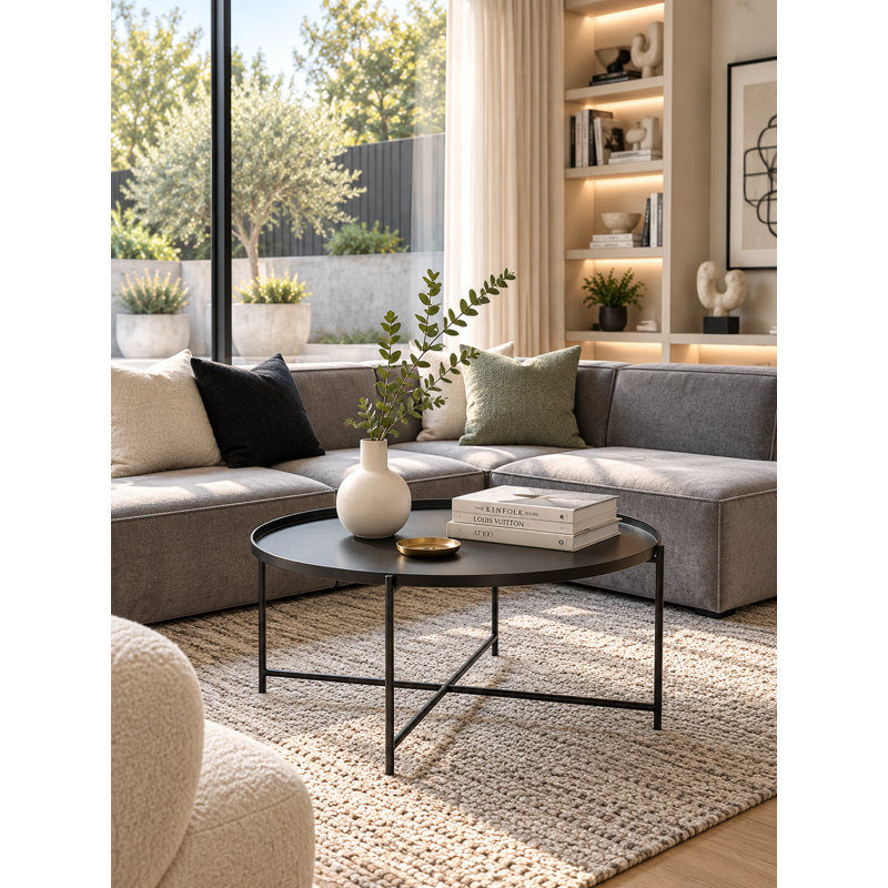 Modern Round Black Metal Coffee Table with Geometric Open Frame Base – Contemporary Minimalist Center Table for Living Room, Apartment, Lounge, or Office
