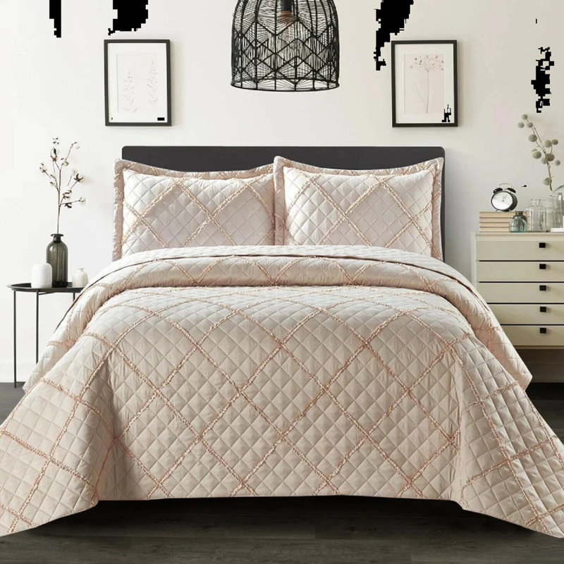 Luxury Quilted Modern Ruffle Bedspread Box Pattern Soft Comforter  Bedding Set With Pillow Shams, Double, Beige