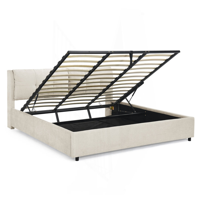 Très grand lit plateforme tapissier hydraulique avec tête de lit intégrée, tissu chenille, beige, Très grand lit, Beige