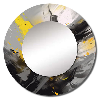 Oswina Yellow Grey Vibrant Swirls II - Geometric Decorative Wall Mirror, Yellow Large Round Mirror, Printed Metal Art