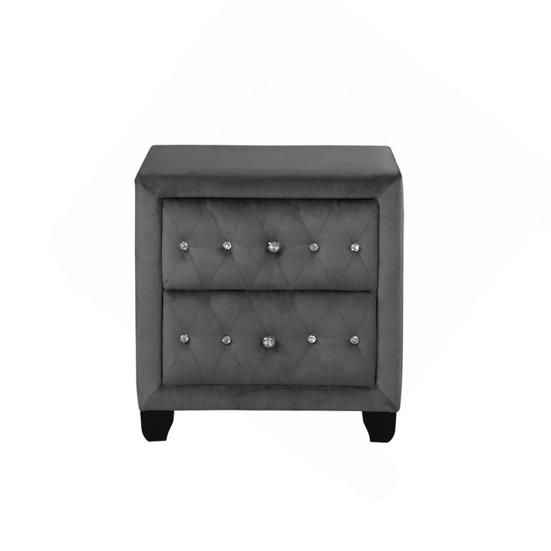 Sophia Modern Style Crystal Tufted 2-Drawer Nightstand Upholstered With Velvet Fabric Made With Wood In Gray