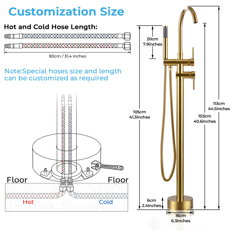 Double Handle Floor Mounted Freestanding Tub Filler Faucet with Handshower, Gold