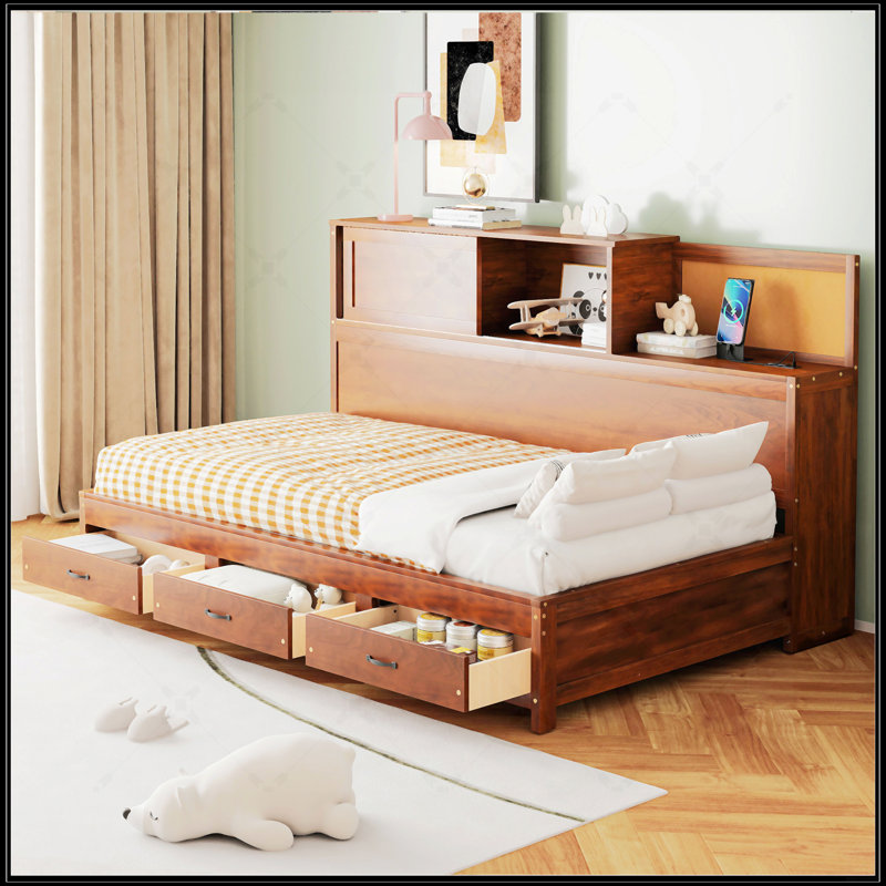 Twin Size Wooden Daybed With 3 Storage Drawers, Soft Board, Shelf, And USB Ports, Walnut