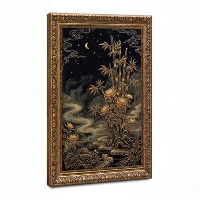 Golden Bamboo and Chrysanthemums Under Crescent Moon Canvas Wall Art
