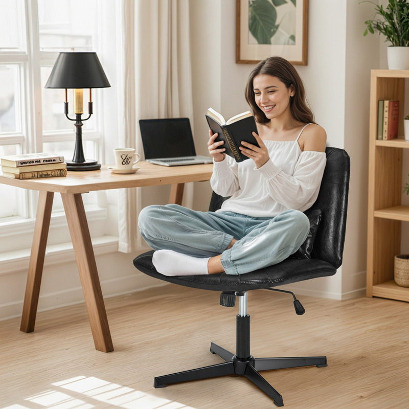 Armless Criss Cross Home Office Chair With Lumbar Pillow, Black