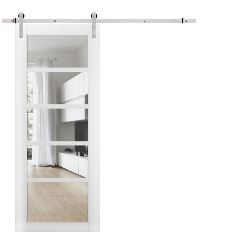 Porte de grange robuste Quadro 4522 Blanc Soie avec vitrage clair, rail de 2 m, quincaillerie renforcée, panneaux intérieurs pleins, 76 x 203 cm, vitrage transparent, rail argenté
