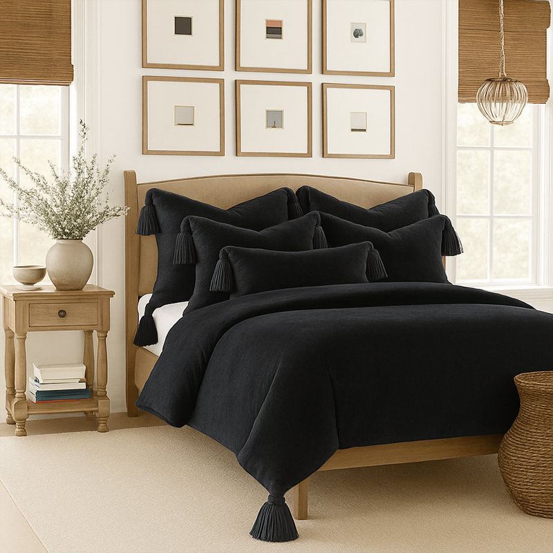 Cascade pompon ébène, Ébène, Couvre-lit double / couvre-lit + 5 pièces supplé