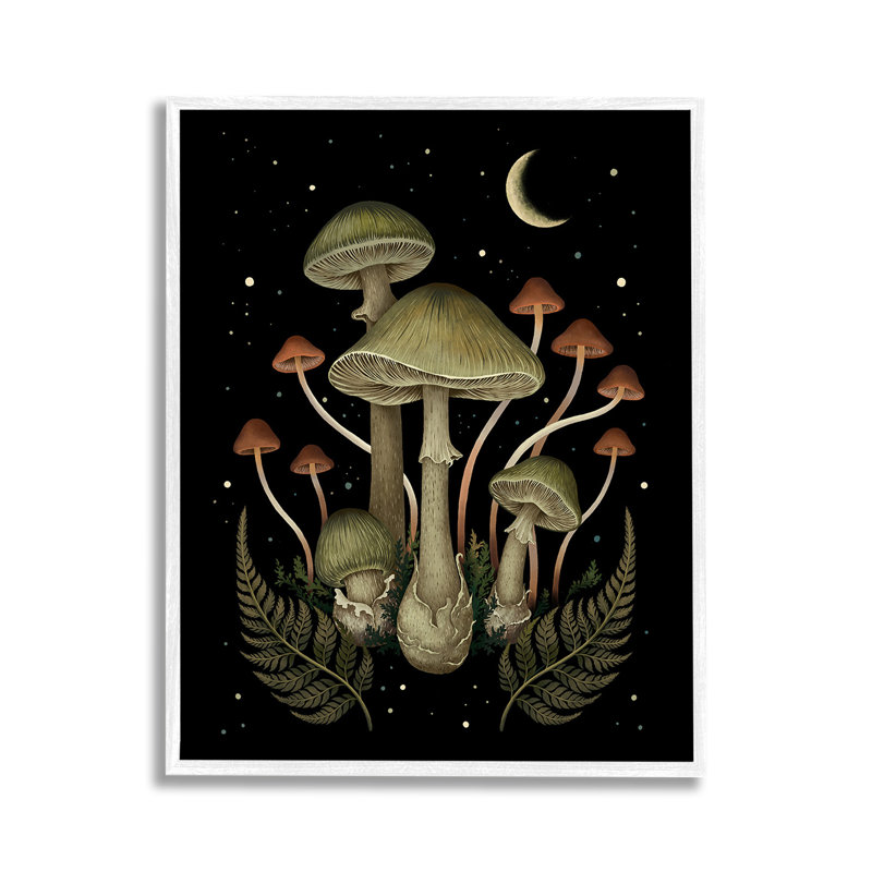 «Night Mushroom & Ferns», art de la giclée encadrée par Episodic Dessins, Estampe numérique encadrée blanc bord de mer