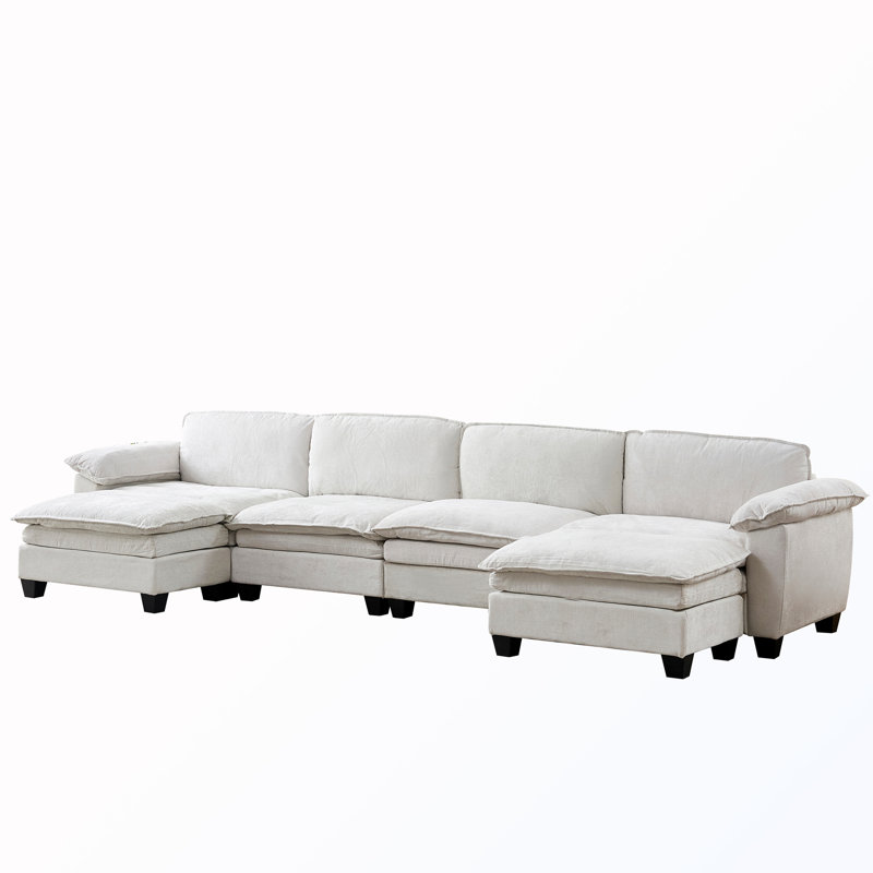 4-Seat Sectional Sofa With 2 Ottomans, Beige Chenille