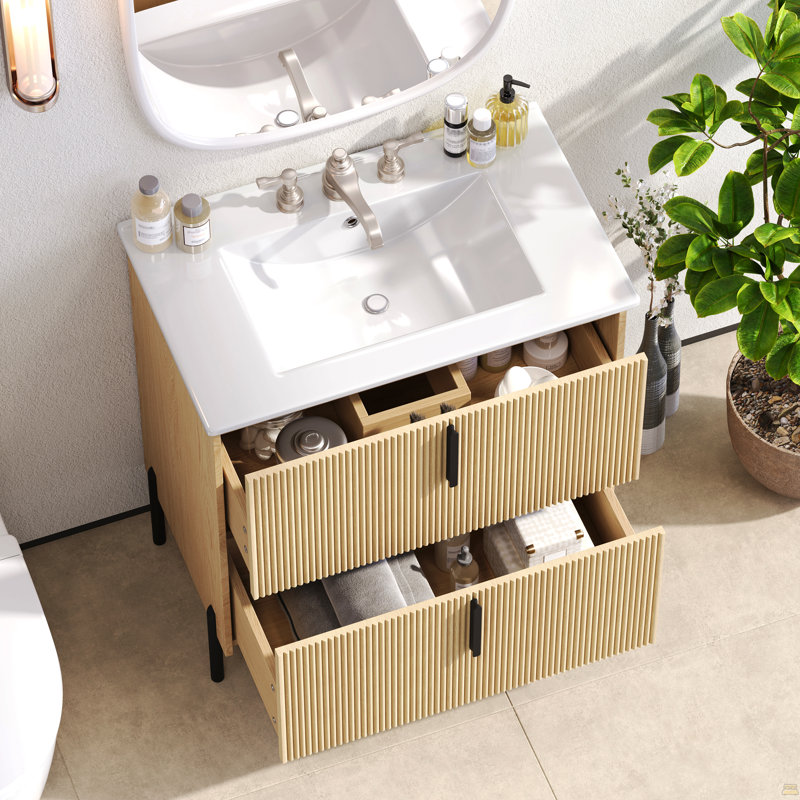 Meuble-lavabo de 30 po avec lavabo en céramique et tiroirs pleine extension, glissières de tiroir à fermeture en douceur, conception cannelée, naturel