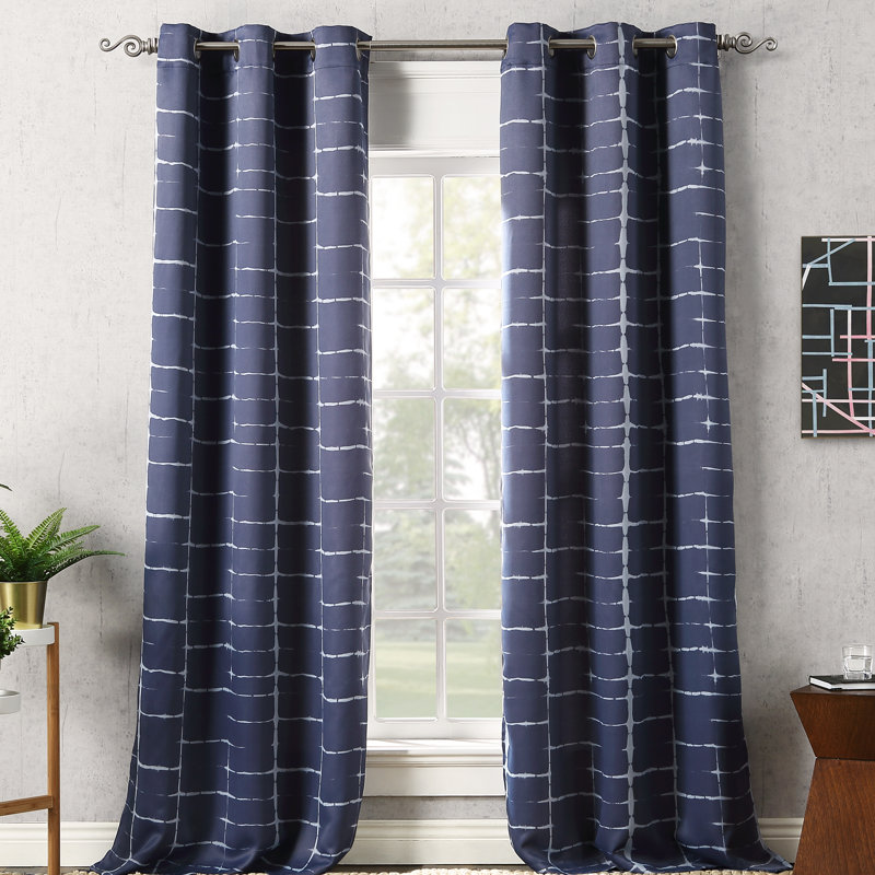 Saki Print Blackout Grommet Curtain Panel, Navy, 40" W x 84" L