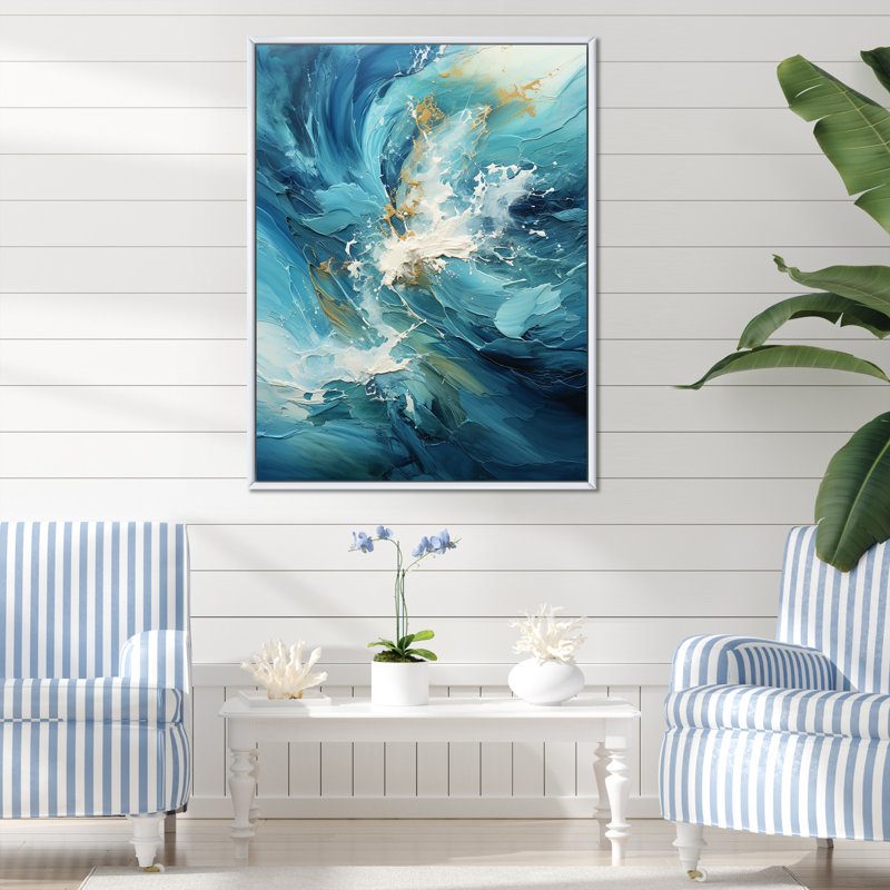 Océan blanc et courants bleus sur toile, H 32 po x l 24 po x P 1 po, Cadre flottant blanc