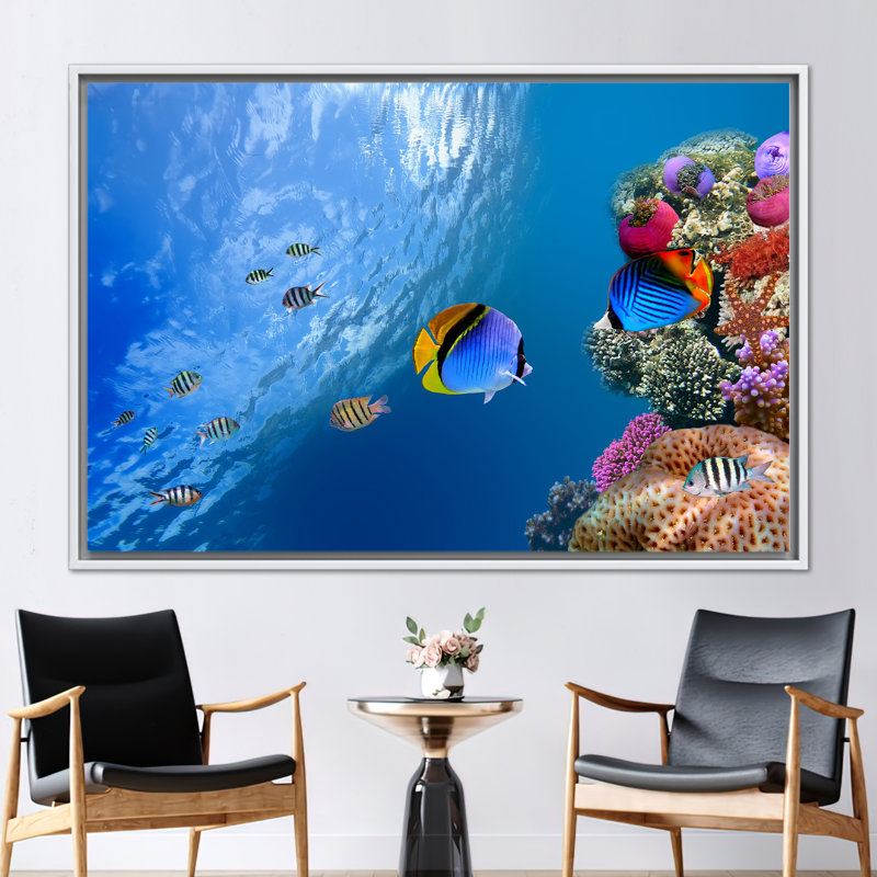 «Vibrant Tropical Fish», impression sur toile sous-marine pour décoration murale en bleu, H 26 po x l 37 po, Blanc