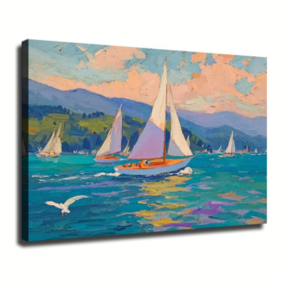 Voiliers colorés naviguant sur un paysage de montagne sur un lac turquoise, grande reproduction d'art sur toile tendue pour salon, chambre à coucher