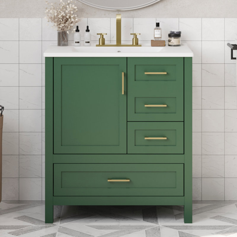 Ensemble de meuble-lavabo vert 30 po avec lavabo, armoire de rangement avec porte à fermeture douce, 3 tiroirs à fermeture douce et plateau amovible