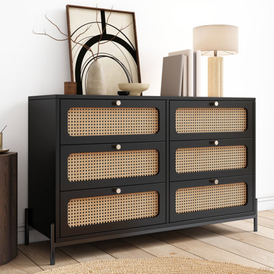 Buffet moderne en bois et rotin avec commode à 6 tiroirs pour chambre à coucher, salon, entrée et couloir