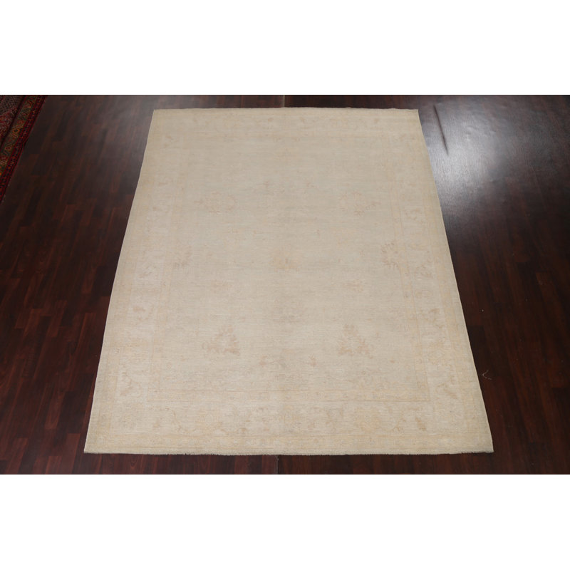 Tapis beige en laine noué à la main de conception unique 8 pi 5 po x 10 pi 6 po Iaconetti