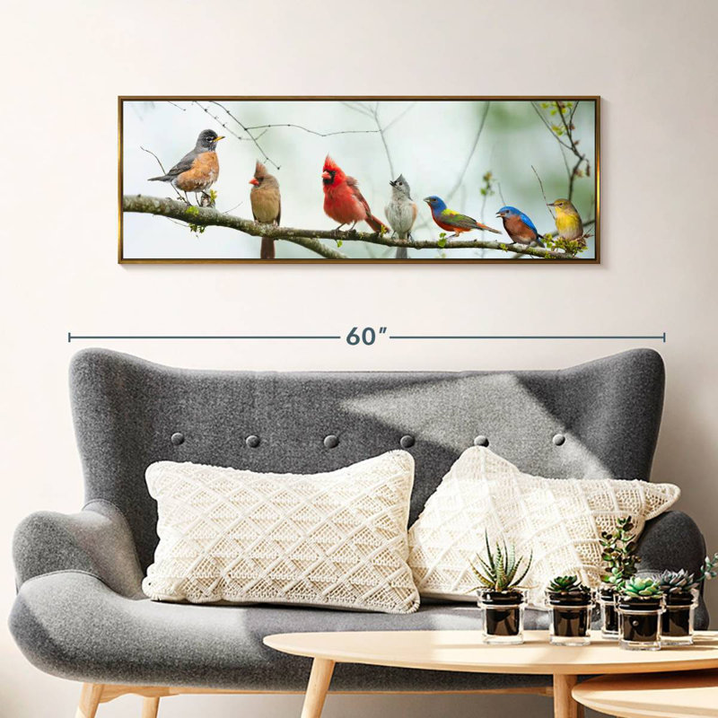 Rassemblement d'oiseaux, 43 po x 15 po, Cadre flottant doré