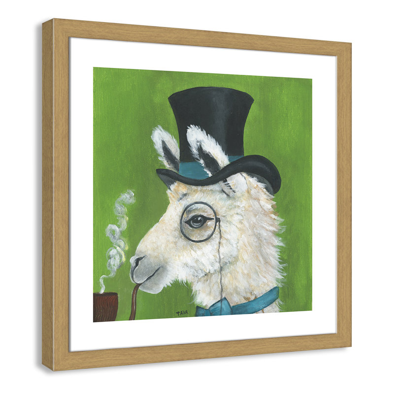 Lama et tuyau, art encadré, H 24,5 po x l 24,5 po x P 0,625 po, Cadre en chêne