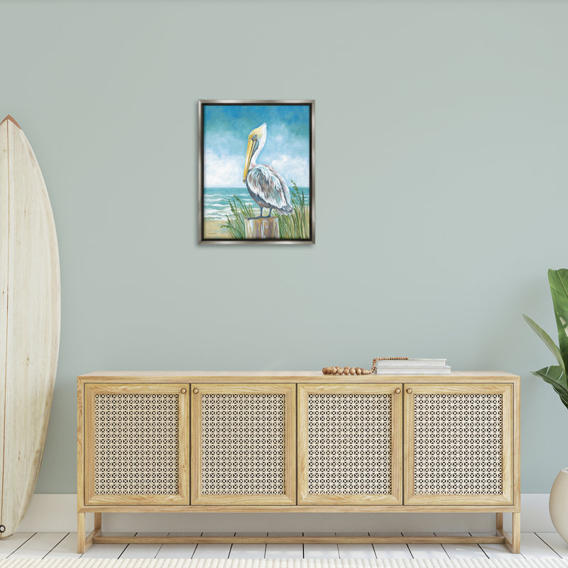 Pelican perché près du rivage, cadre flottant, design par Diane Kater, Cadre flottant gris lustré, H 31 po x l 25 po