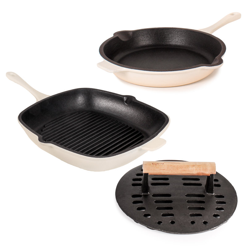 Ensemble de fonte 3 pièces Neo: poêle à frire, poêle à griller et steak fendu, Meringue