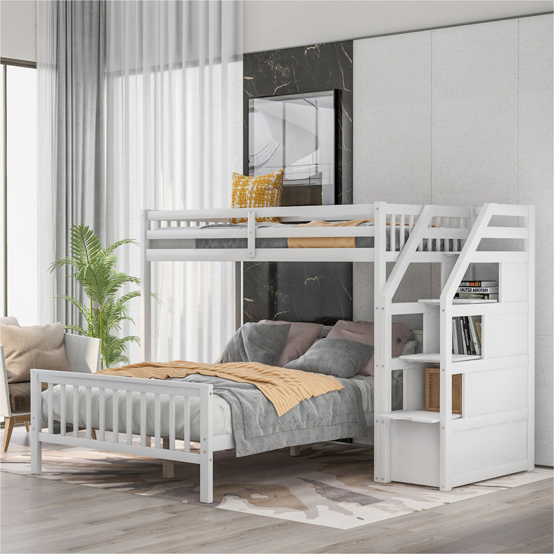 Lit simple mezzanine sur lit double avec escalier, Blanc