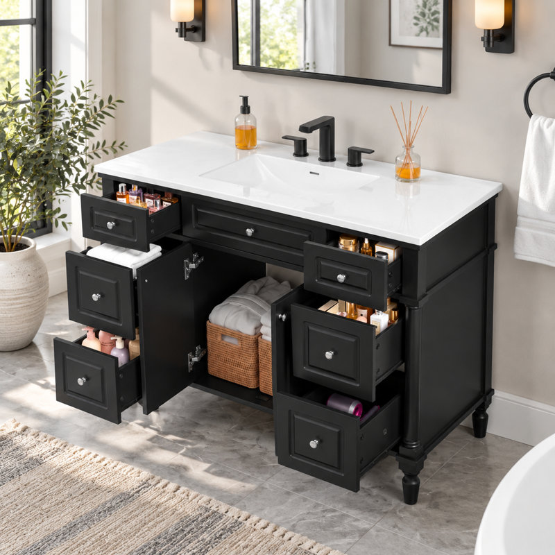 Meuble-lavabo autoportant de style vintage de 47,8 pouces avec lavabo et 6 tiroirs