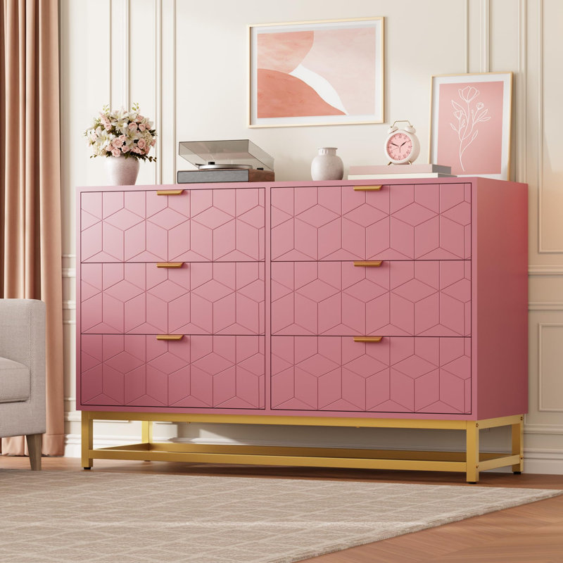 Commode pour la chambre à coucher, commode double moderne à 6 tiroirs avec poignées dorées, long rangement pour meuble télé et garde-robe, grande commode pour le salon, le couloir, le vestibule